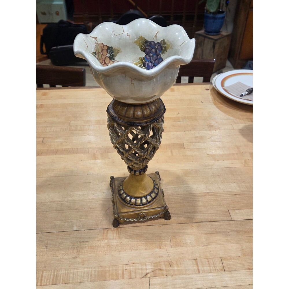 Vintage Tuscan Style Grape Pattern Ceramic Pedestal Compote Bowl Centerpiece - Picture 4 of 6